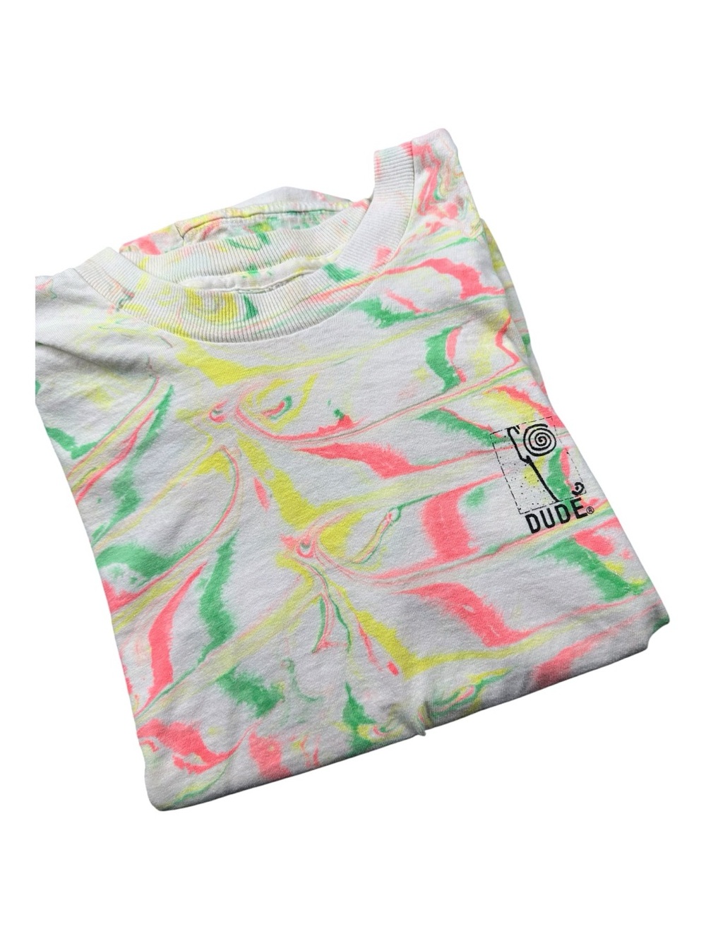 Vintage 1988 DUDE Sportswear Neon Surf Tee XL Single Stitch Boxy Cropped 80s - Picture 2 of 14